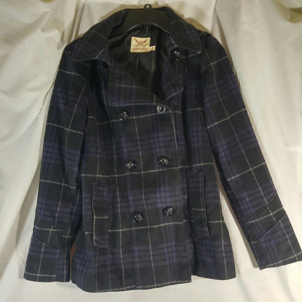 Medium Black and Purple Pea Coat Plaid with hood